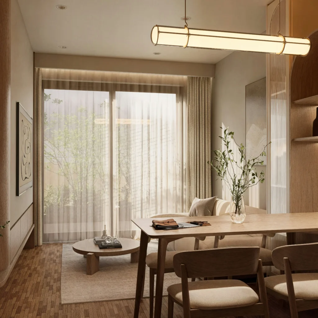 Nowoczesne wnętrze mieszkania wykończone pod klucz – salon z jadalnią i naturalnym światłem, idealne do prezentacji oferty deweloperskiej